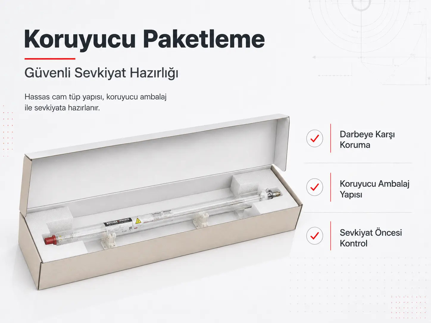 JOY CO₂ lazer tüp paketleme ve sevkiyat güvencesi görseli